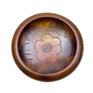 Vintage Midcentury Handcrafted Carved Wood Flower Serving Bowl Decorative